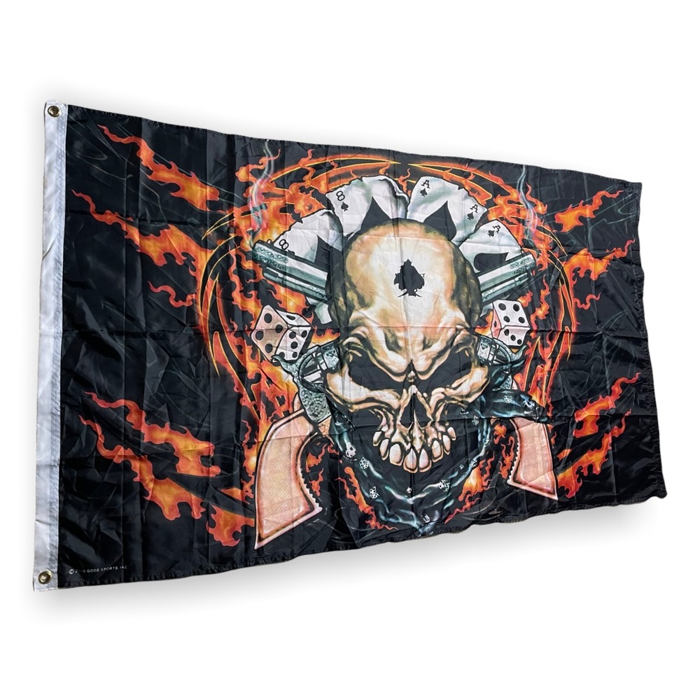 2008 Good Sports Inc Skull Flame Guns Fire Cards Spades Large Flag - Picture 1 of 7